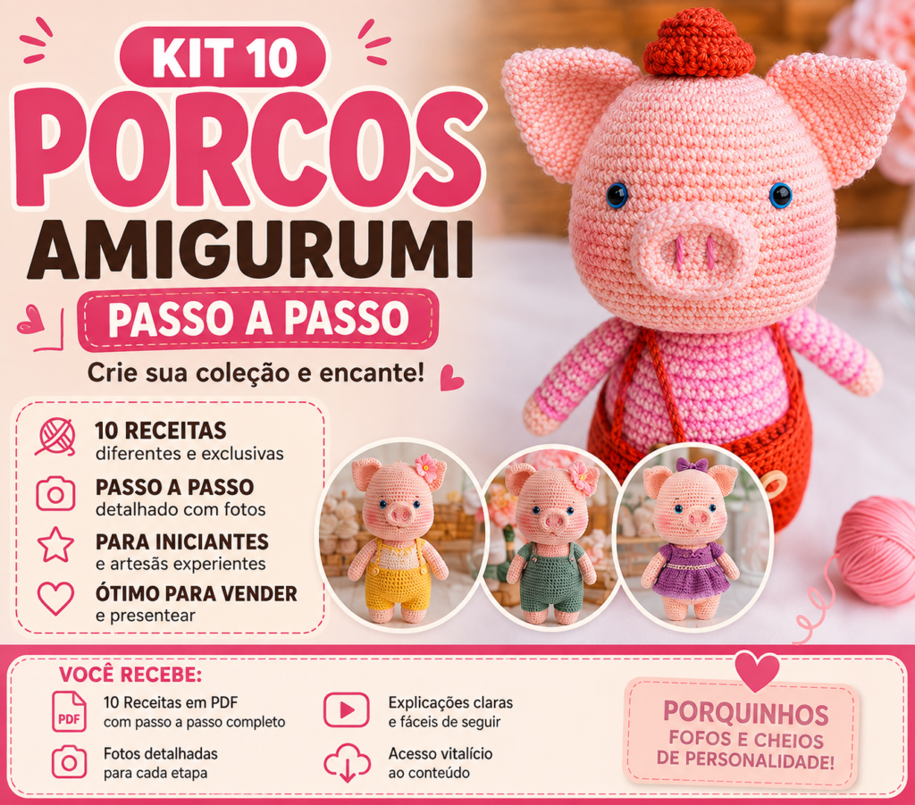 10 Porquinhos amigurumi passo a passo